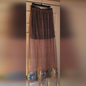 L&B Sheer Leopard Maxi Skirt in Dusty Pink with Embroidered Hem